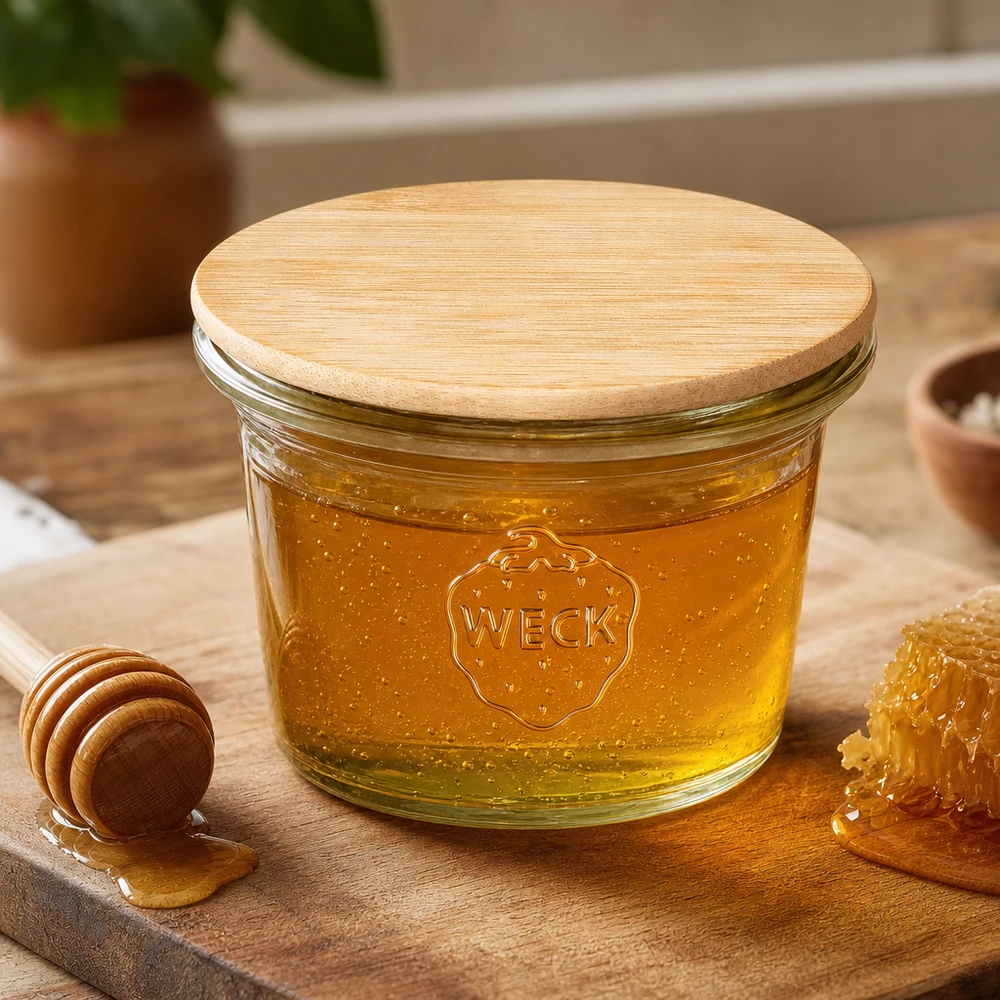 Tarro mini WECK RR40 de 35 ml con tapa de madera WECK RR40 Tarro de 35 ml con tapa de madera de bambú lleno de miel junto a una cuchara de miel y un panal sobre una base de madera