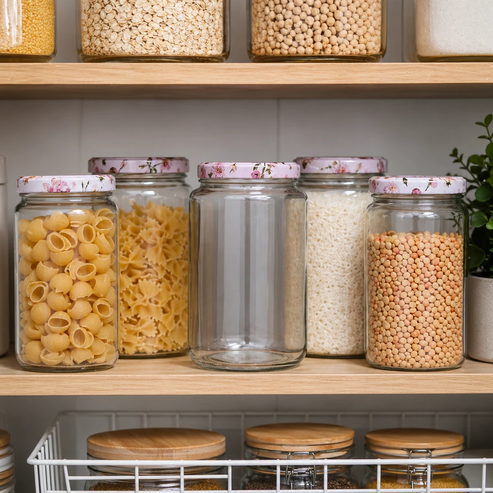 795ml tarro redondo BasicSeal tapa rosa flores en organizada despensa con pasta arroz lentejas almacenamiento cocina