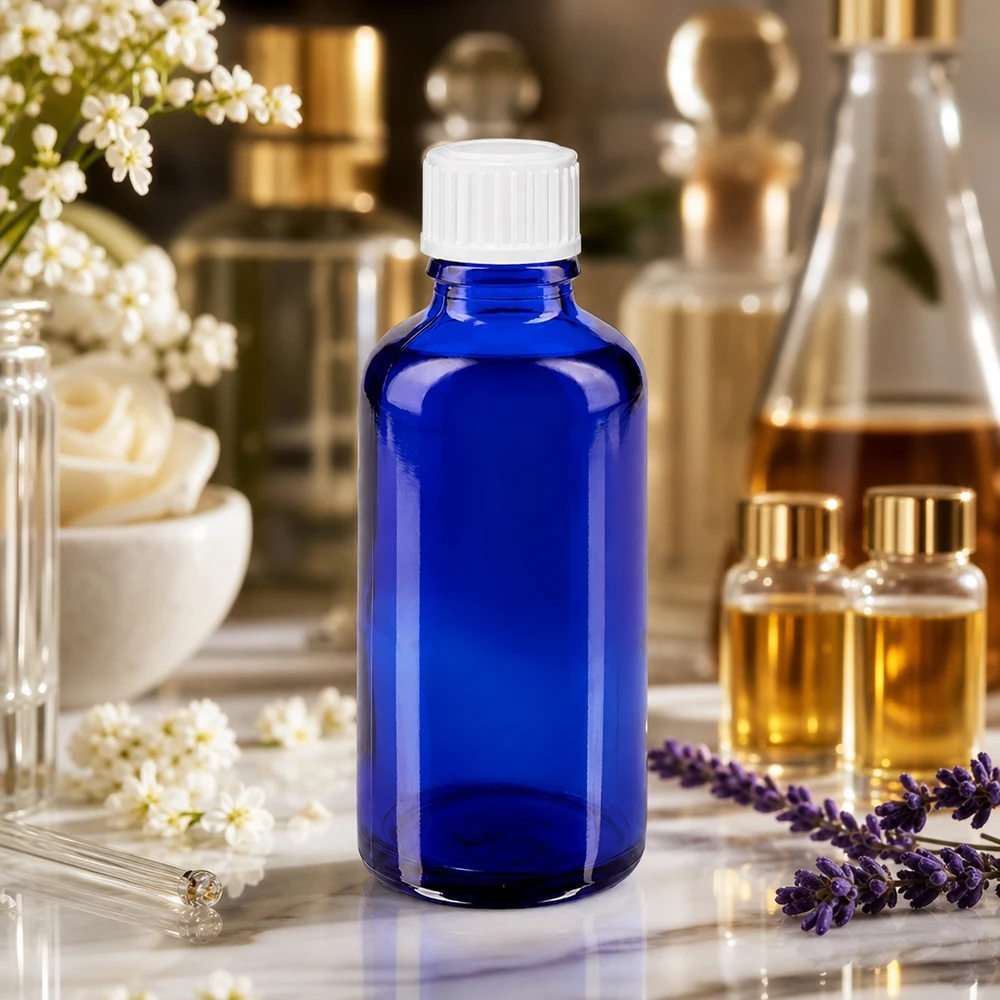 Frasco cuentagotas cilíndrico de 50 ml, de vidrio azul cobalto con protección UV y tapón dosificador blanco