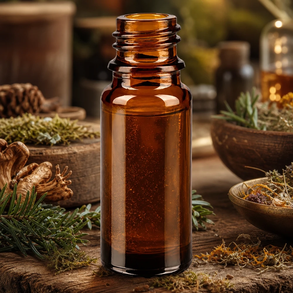 Frasco de farmacia ApoGlas marrón de 10 ml con piñas y coníferas para remedios naturales y tinturas
