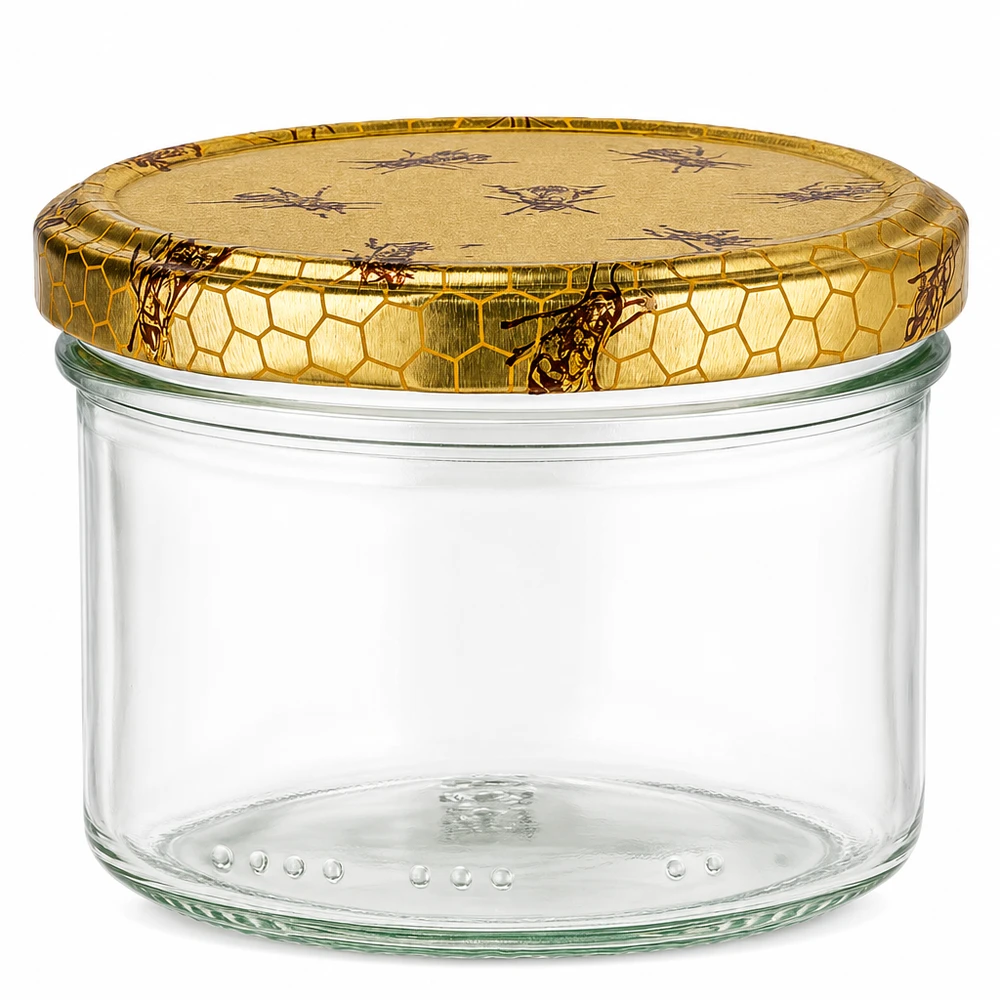 Tarro de cristal vacío de 300 g con tapa de rosca dorada en forma de panal para miel y mermelada