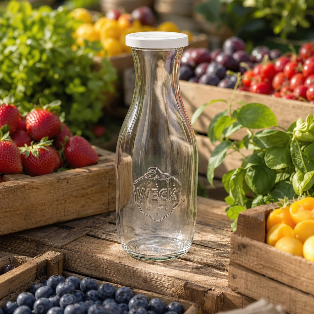 Botella para zumos de 1062 ml con tapa hermética WECK RR60 Botella de zumo WECK de 1062 ml vacía con logotipo entre frutas de colores sobre cajas de madera en un jardín natural