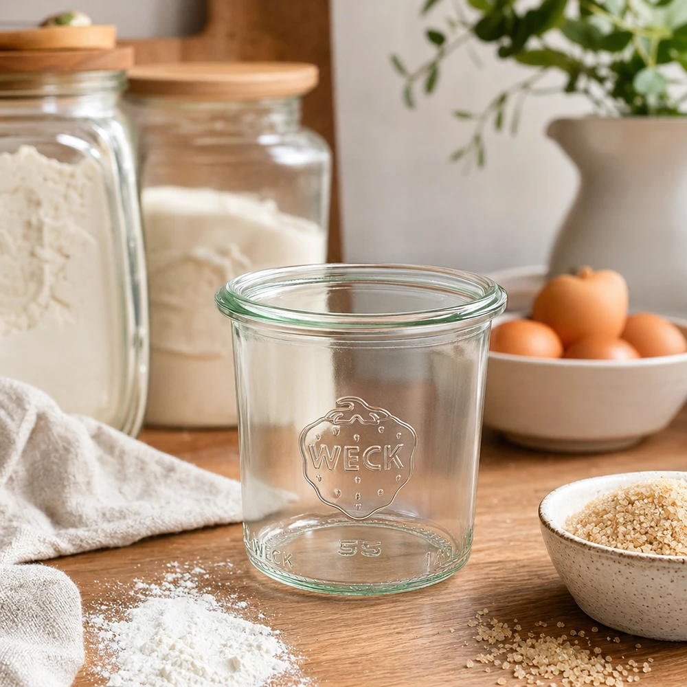 Vasos de 140 ml WECK RR60 Tarro de albañil WECK RR60 de 140 ml con logotipo sobre mesa de madera en cocina moderna con tarros de almacenamiento e ingredientes