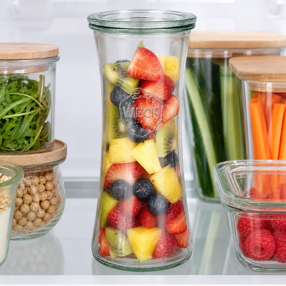 Tarro delicatessen 700ml con tapa de cristal WECK RR80 WECK Delikatessenglas 700ml RR80 mit buntem Obstsalat im Kühlschrank - perfekte Vorratshaltung für frische Früchte