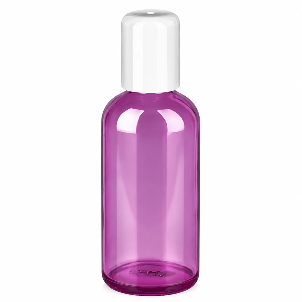 Frasco roll-on de 100 ml en elegante color morado con tapón blanco para cosméticos y productos de cuidado