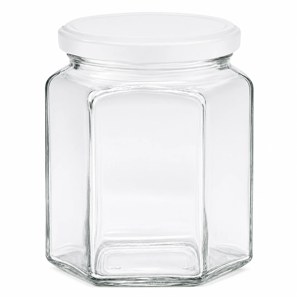 Tarro para miel de 400 g con tapa blanca BasicSeal UNiTWIST Tarro de miel hexagonal de 400 g con tapa de rosca blanca de cristal para miel y mermelada
