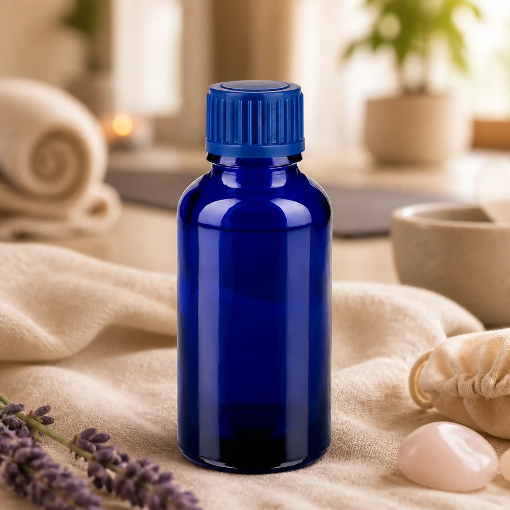Frasco de vidrio de 30 ml de alta calidad en azul intenso para el almacenamiento profesional de esencias