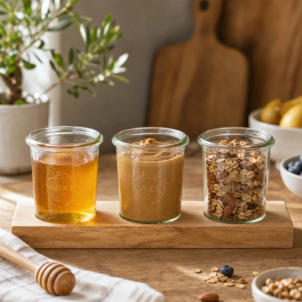 Tabla de servir de madera con tarros Weck de 160 ml llenos de mantequilla de frutos secos con miel y muesli en una cocina moderna