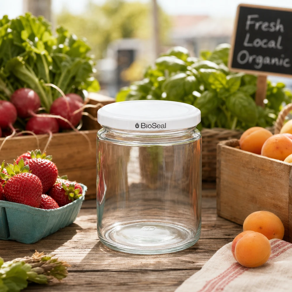 Tarro para miel de 350 g con tapa blanca BioSeal UNiTWIST Tarro de miel de 250ml BioSeal UNiTWIST vacío sobre mesa de madera con fruta fresca verduras del mercado de agricultores tarro de conserva tarro de almacenaje