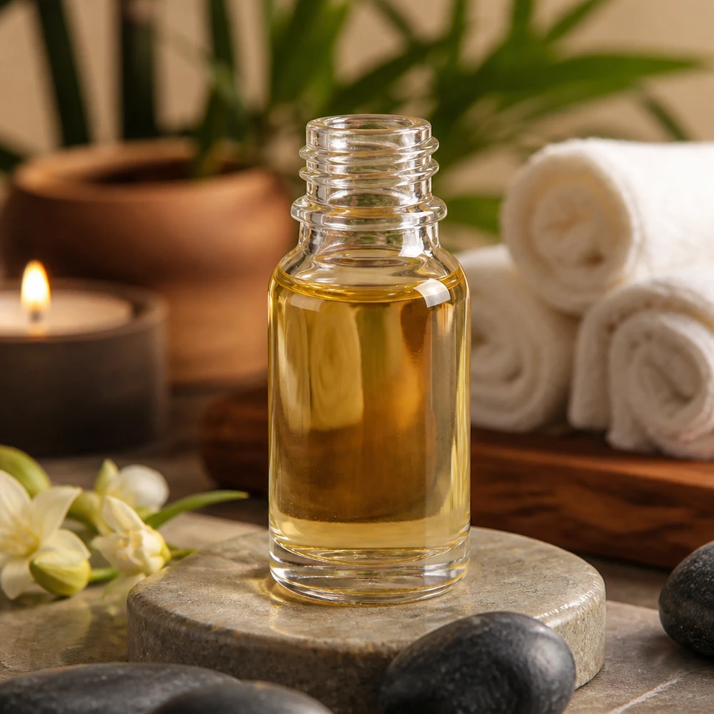 Frasco de cristal transparente de 10 ml con aceite esencial, en un ambiente de spa con vela y toallas