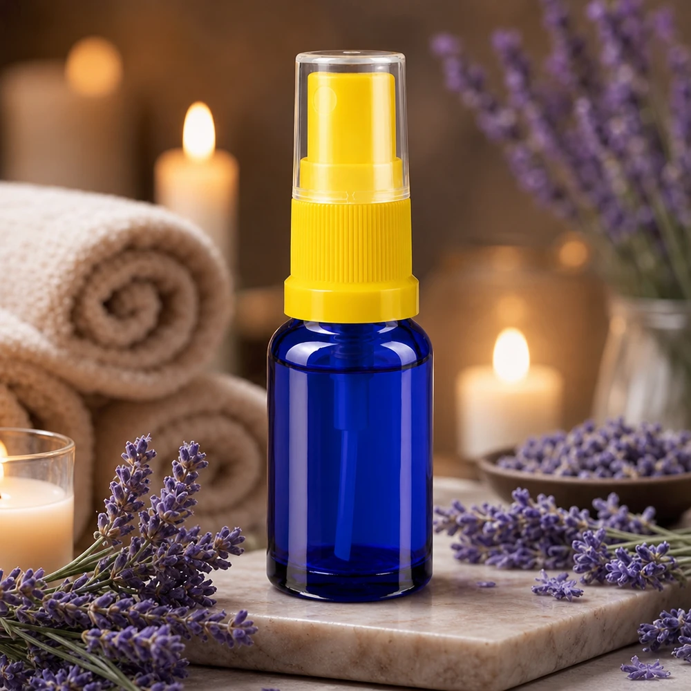 Frasco de farmacia azul de 10 ml con pulverizador amarillo, entre flores de lavanda y velas