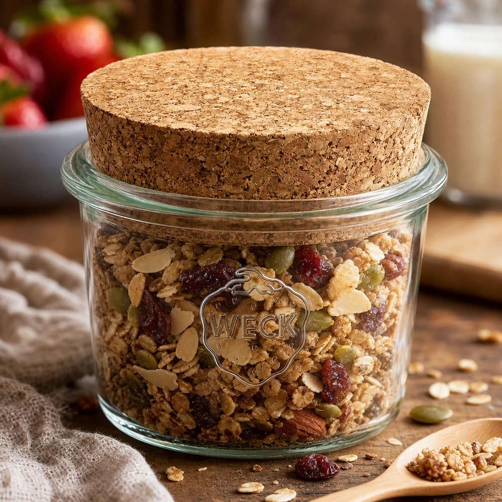 WECK RR40 Tarro de vidrio de 35 ml con tapón de corcho lleno de muesli, frutos secos y fruta deshidratada como tarro de almacenamiento en la cocina