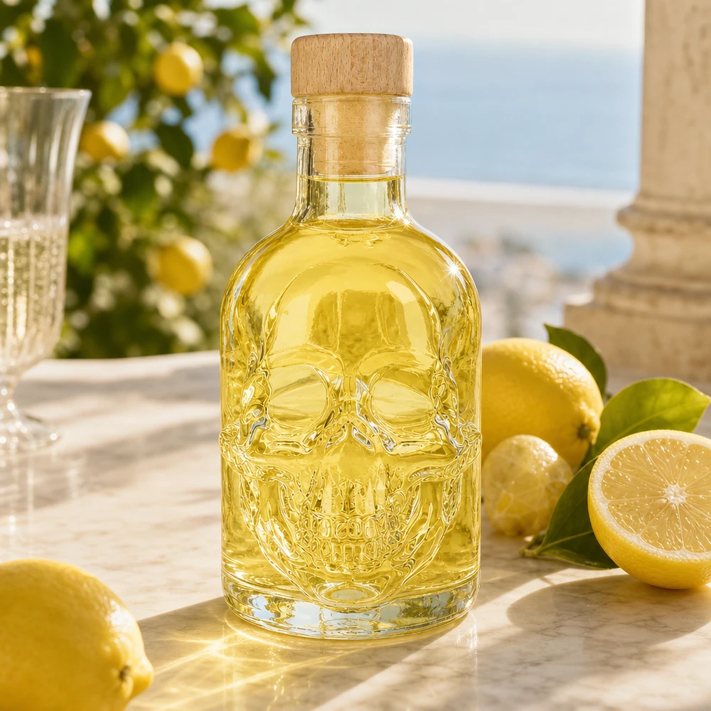 Botella de vidrio de 200 ml «Jack» con tapón de corcho con asa de madera UNiTWIST® Dekorative Glasflasche Jack 200ml mit gelbem Inhalt zwischen Zitronen, stilvolle Küchendeko mit Totenkopf-Relief