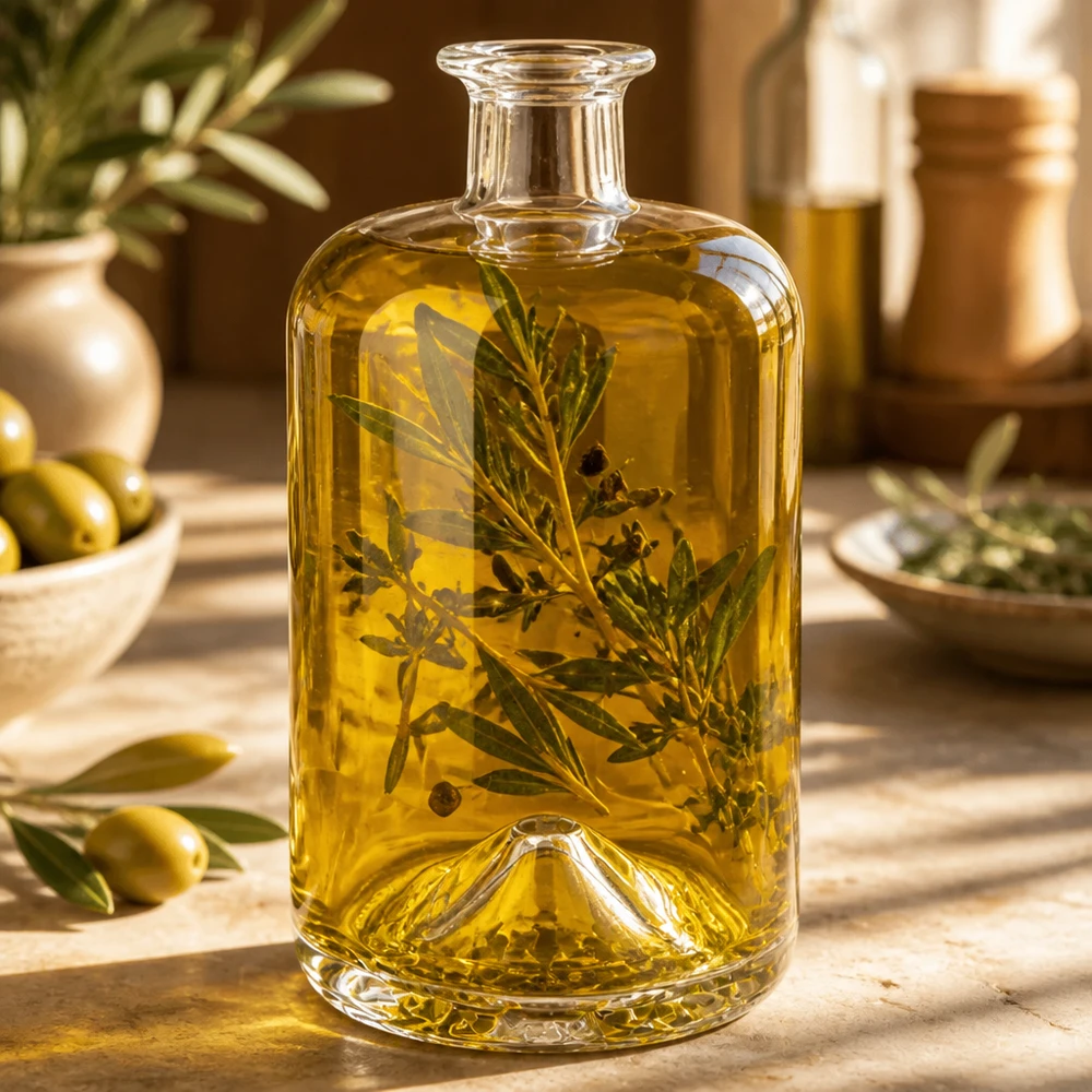 Botella de cristal Sofía de 700 ml llena de aceite de oliva y hierbas decorada sobre una mesa de madera como ejemplo de uso
