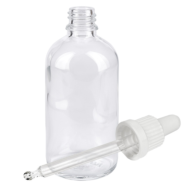 Frasco pipeta 100ml cierre inviolable blanco ClearLine UT18/100 Botella de cristal vacía de 100 ml con pipeta de plástico blanca para aplicaciones de laboratorio
