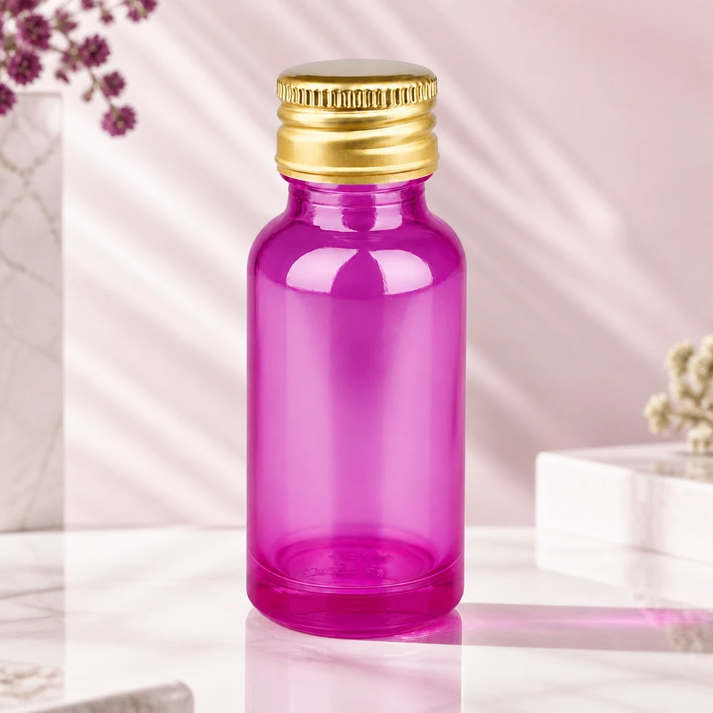 Frasco compacto de vidrio violeta de 20 ml con rosca estándar de 11 mm y tapón dorado para uso móvil
