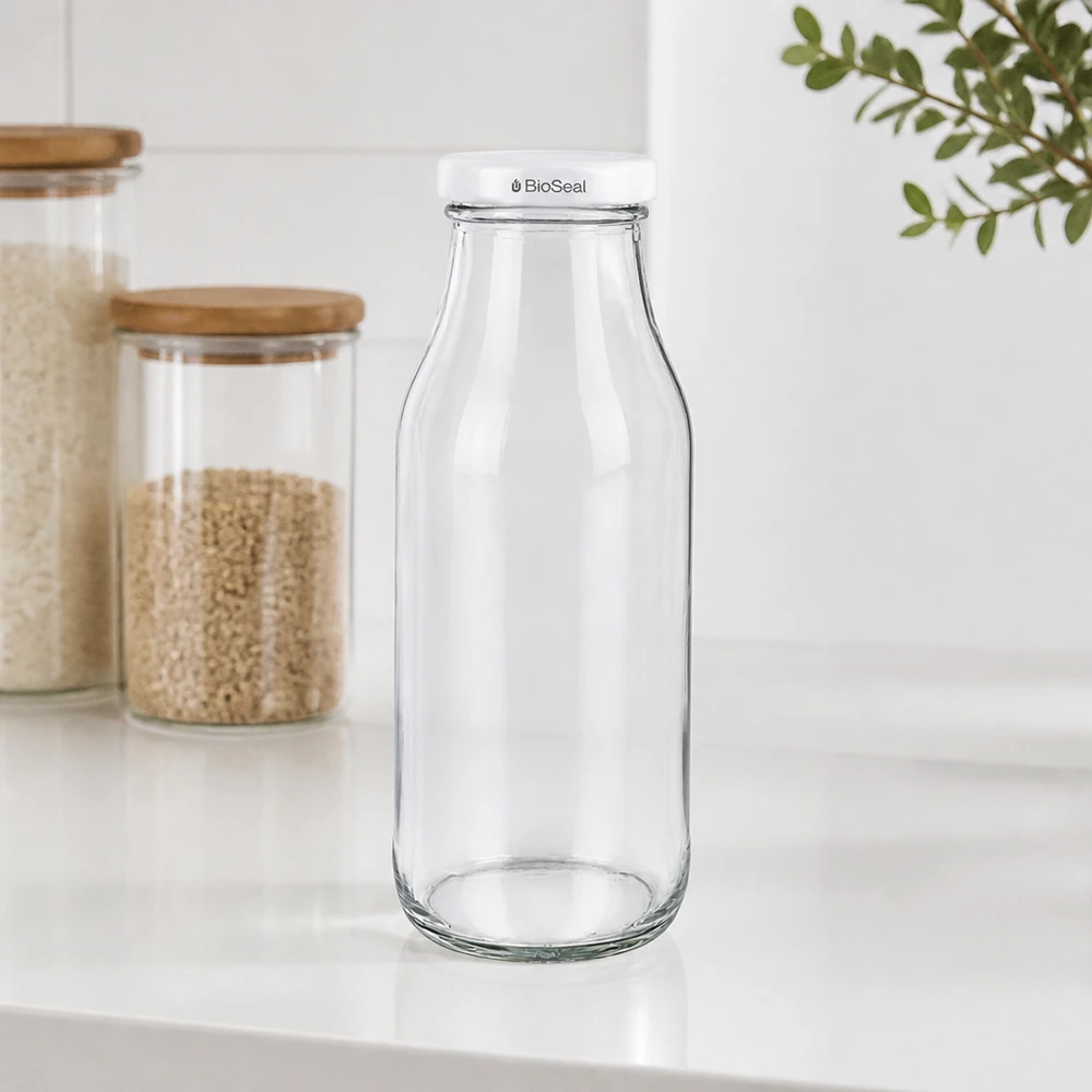 Botella de 263ml con tapa blanca UNiTWIST BioSeal Botella UNiTWIST263 botella de vidrio con tapa blanca TO43 BioSeal sobre encimera blanca junto a tarros de almacenaje