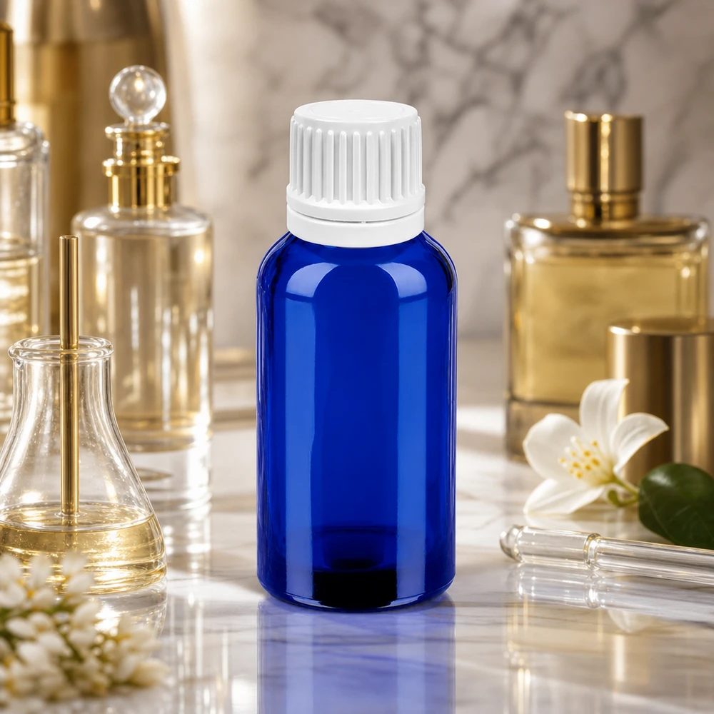 Frasco cuentagotas de 30 ml de vidrio azul de alta calidad con tapón UT18 blanco para productos cosméticos