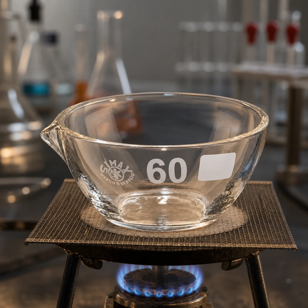 Plato de laboratorio profesional de 45 ml con pico de ø60 mm fabricado en borosilicato de alta calidad para investigación