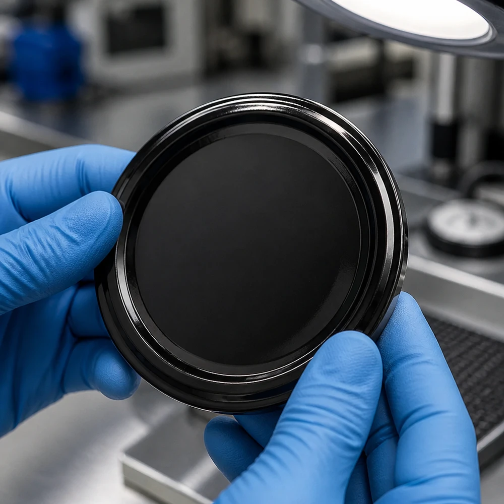UNiTWIST TO48 negro BioSeal sin BPA, tapa de rosca. Primer plano. Control de calidad en el laboratorio. Guante azul.