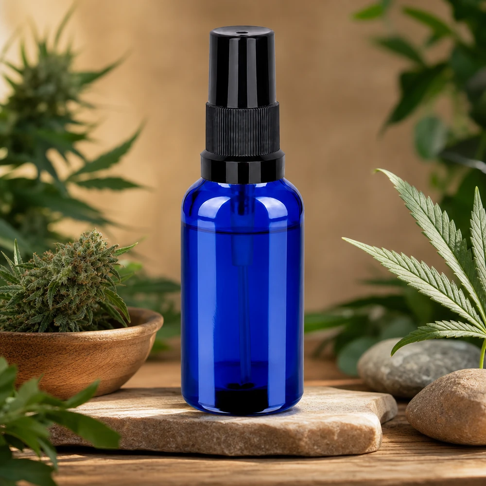 Frasco pulverizador de 30 ml negro con tapón estándar BlueLine UT18/30 Pulverizador compacto de 30 ml de vidrio azul con cabezal negro ergonómico