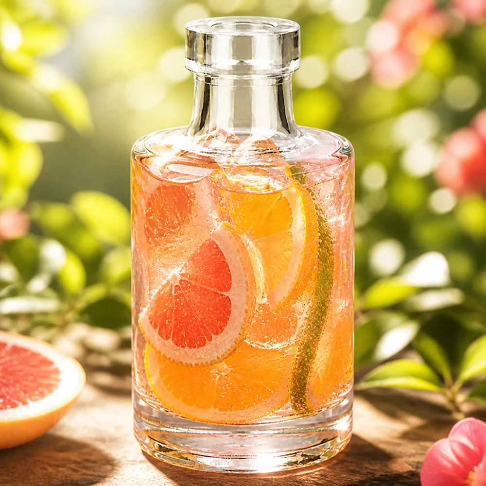 Botella de vidrio de 100 ml «Marie» sin tapón UNiTWIST® Botella de cristal de 100 ml de Marie con bebida de pomelo y cubitos de hielo en un jardín natural con frutas