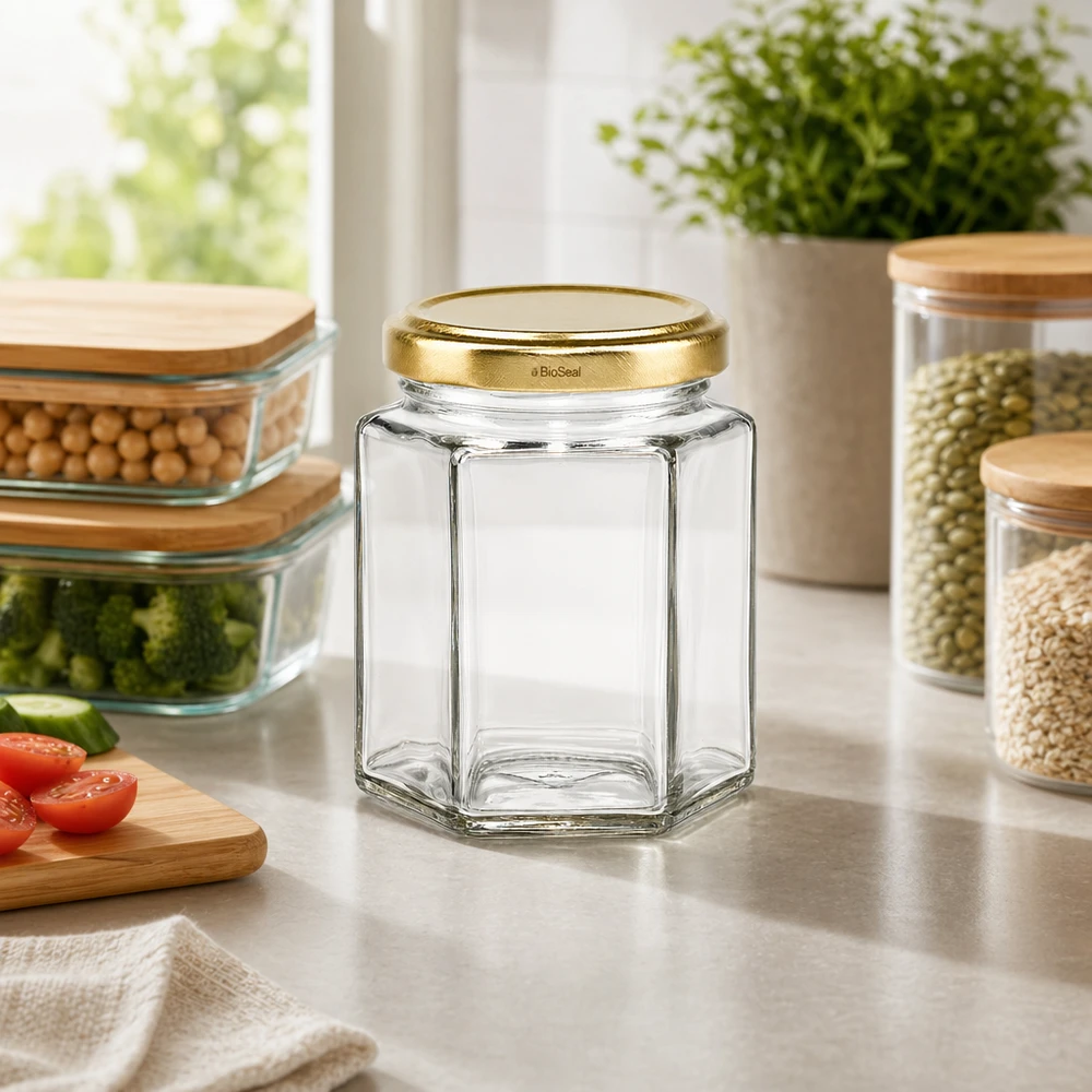 Tarro hexa de 196ml con tapa dorada UNiTWIST BioSeal Tarro de almacenaje UNiTWIST Hexa196 vacío con tapa TO58 BioSeal dorada sobre la encimera de la cocina entre contenedores de almacenaje llenos.