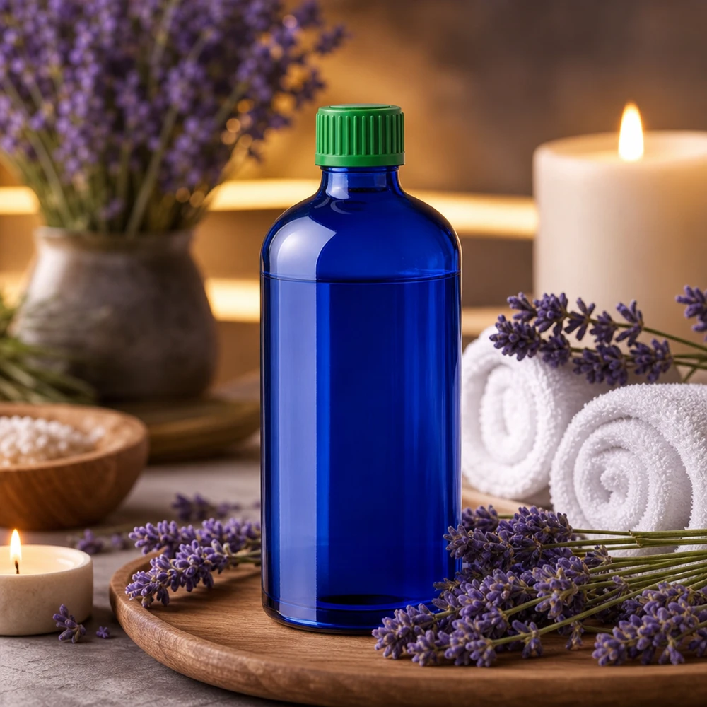 Frasco cuentagotas de 100 ml 0,8 mm verdeCierre estándar BlueLine UT18/100 Abertura de goteo precisa de 0,8 mm del frasco azul de 100 ml para una dosificación exacta de aceites y esencias