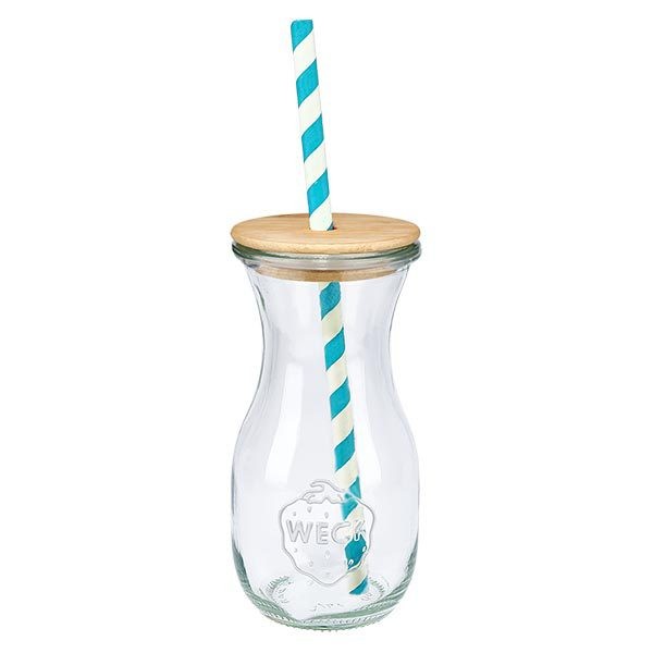 Botella de cristal WECK de 290 ml con tapa de bambú y pajita de papel blanco turquesa Vista única Botella para beber