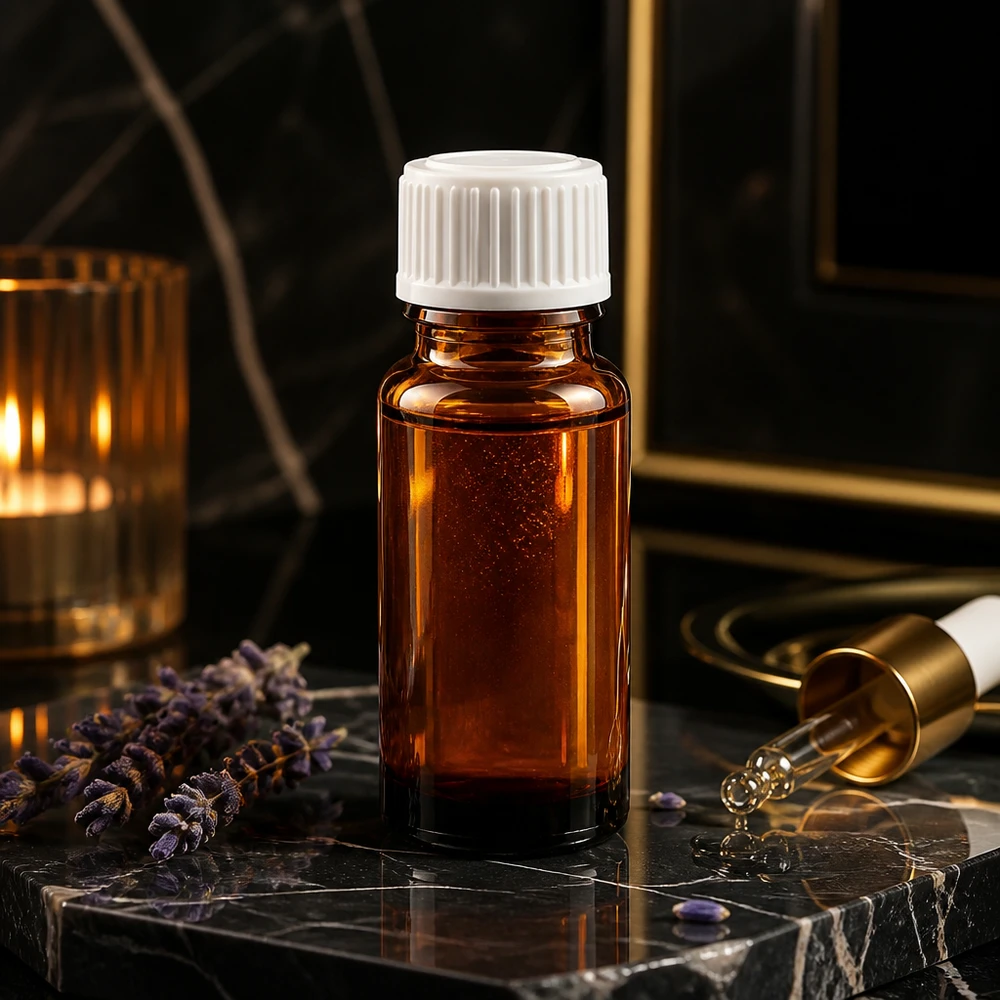 Frasco de 10 ml de color ámbar con tapón cuentagotas blanco STD sobre fondo de mármol negro con toques de lavanda