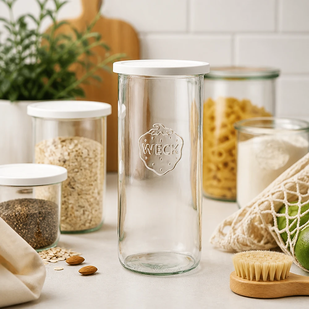 Vasos de 1500ml con tapa de frescura WECK RR100 Vasos RR100 de 1500 ml WECK en una cocina moderna con tarros para guardar pasta y productos ecológicos sostenibles