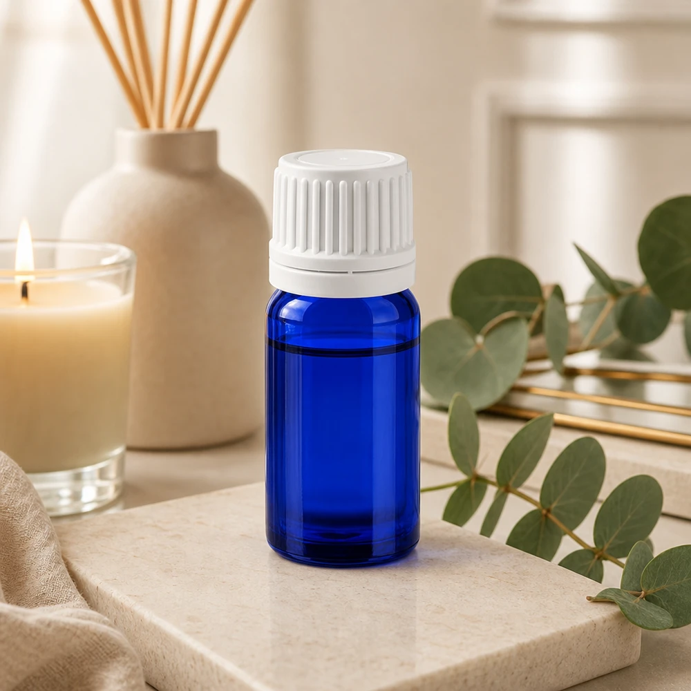 Frasco de 5 ml de vidrio azul de alta calidad con tapón SV blanco para cosmética natural