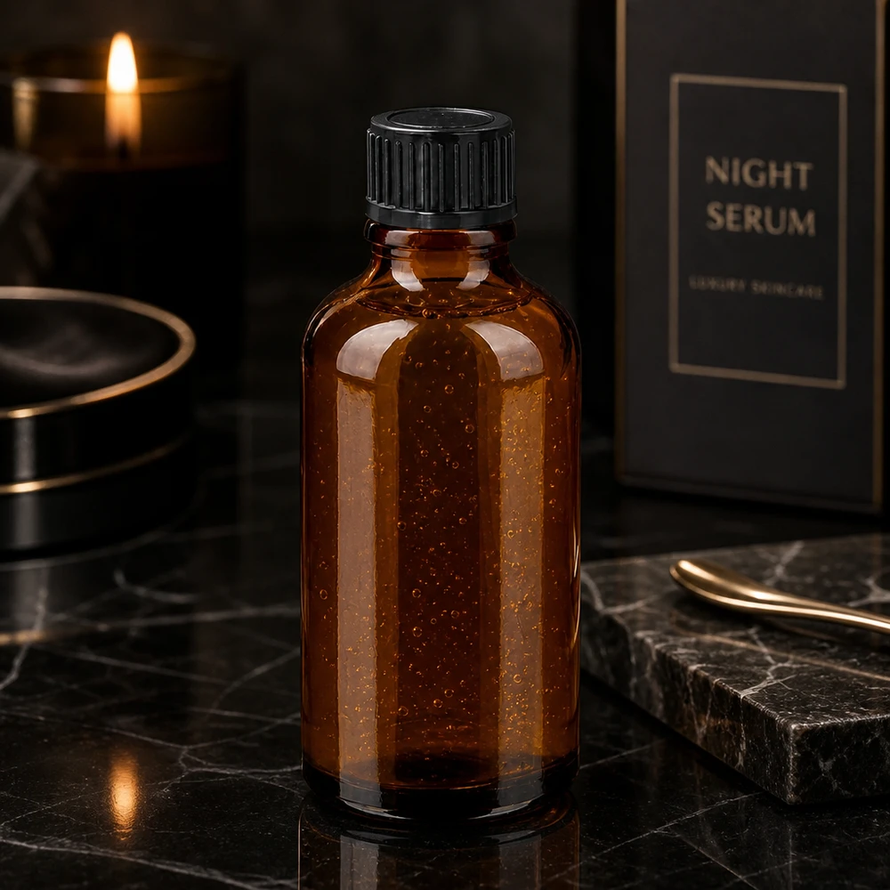 Frasco premium de 50 ml de vidrio ámbar con superficie mate y tapón de rosca negro para el cuidado de la piel