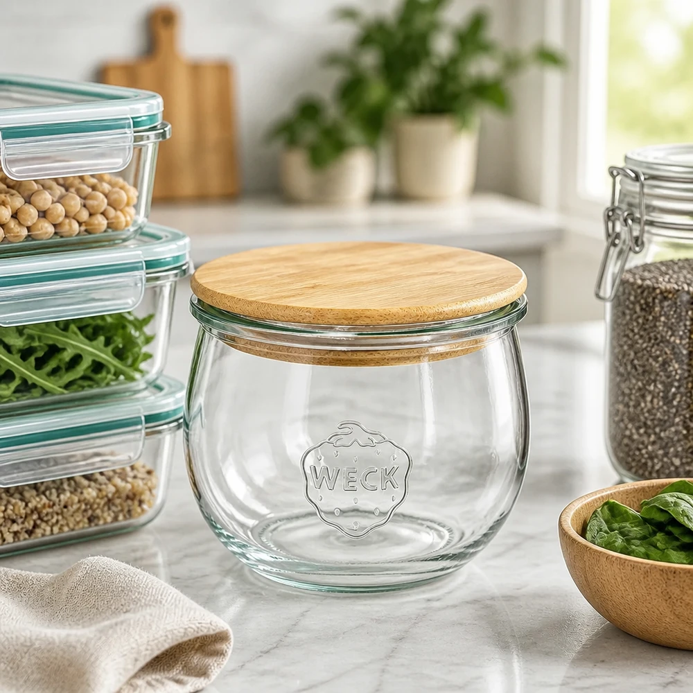 Tarro de almacenaje WECK 580ml RR100 con tapa de madera en una cocina moderna junto a recipientes de cristal apilados con legumbres