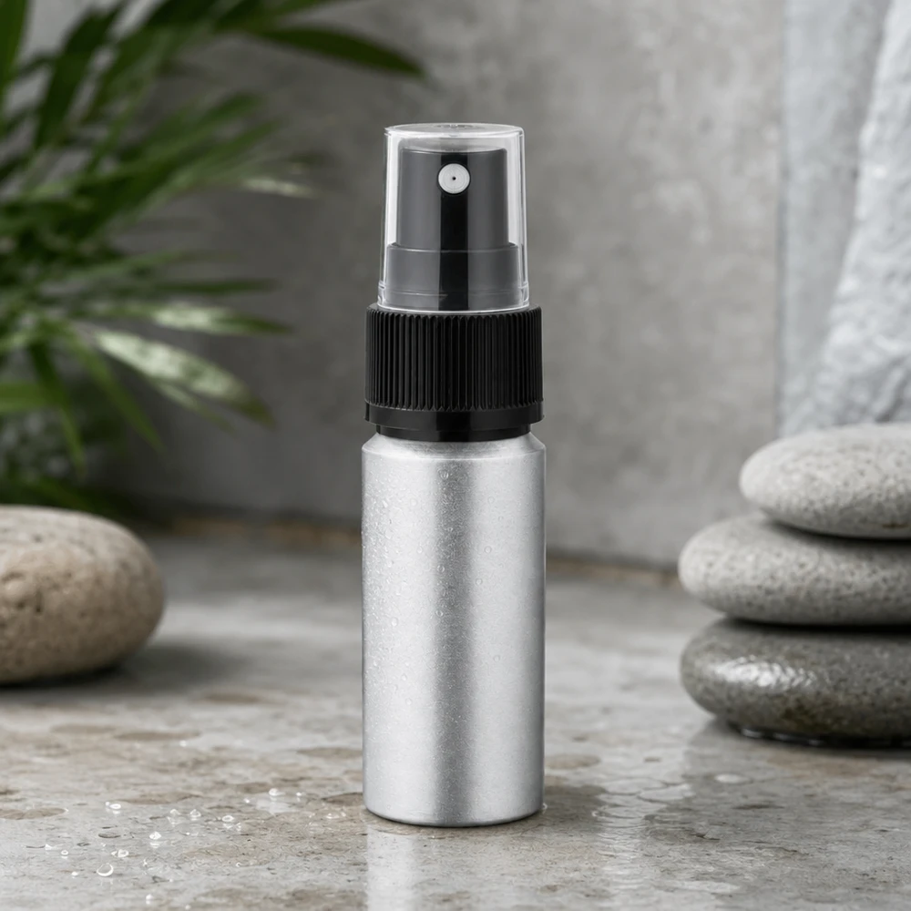 Elegante frasco de aluminio de 20 ml con cabezal pulverizador transparente para dispensar con precisión los productos cosméticos