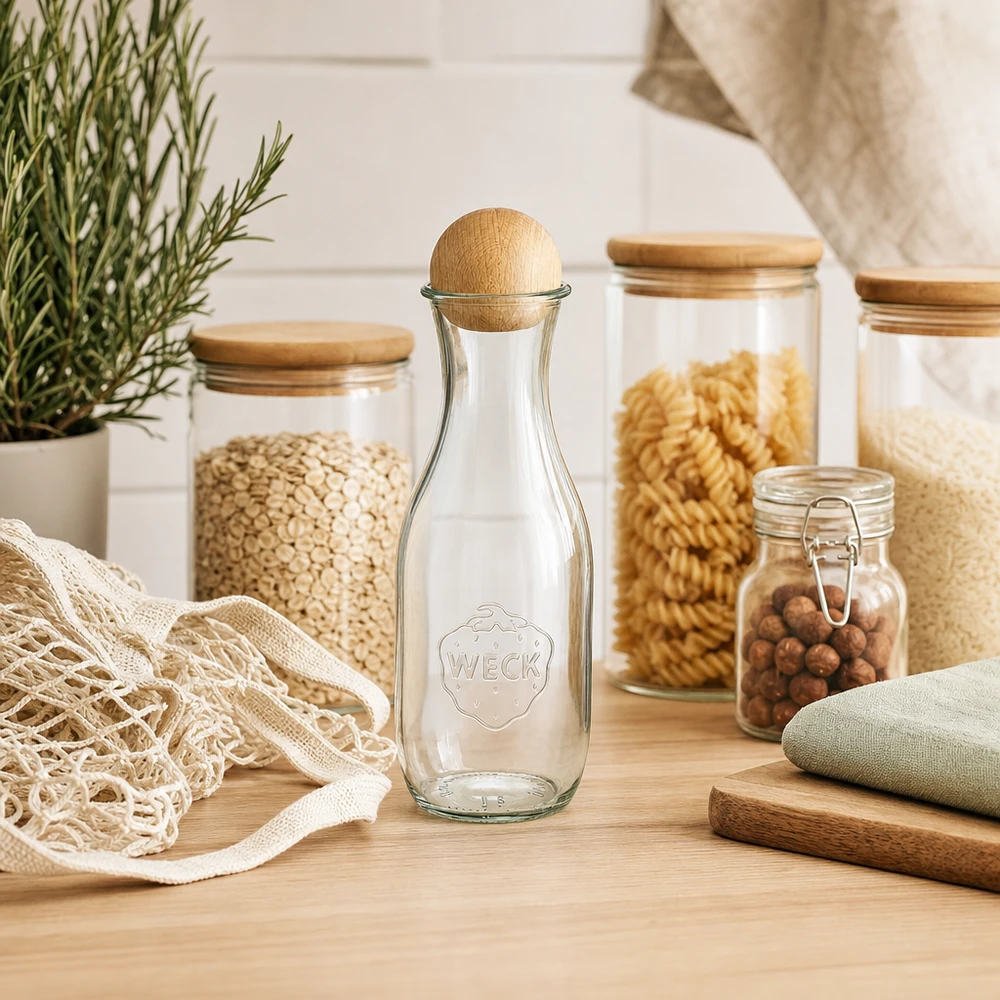 Botella de vidrio WECK 1062ml RR60 en cocina sostenible con tarros de almacenaje cero residuos bolsa de yute y planta de romero