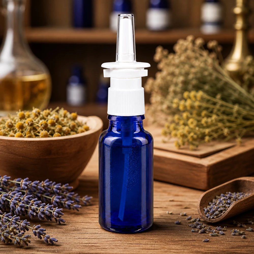 Botella de farmacia azul 20ml atomizador nasal blanco estándar Pequeño frasco de spray nasal de 20 ml, de cristal azul de farmacia, con cabezal dosificador blanco sobre una base de madera