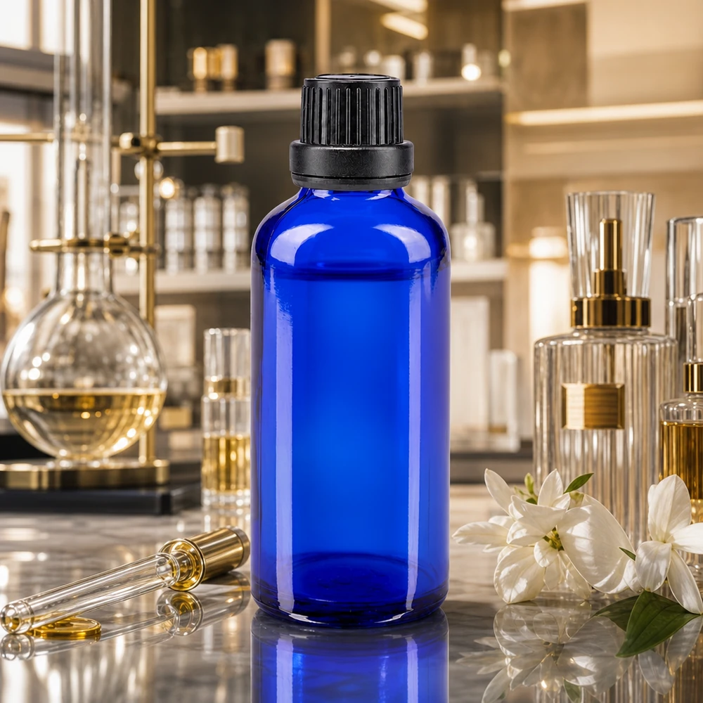 Frasco de cristal azul de 50 ml con tapón de seguridad para niños de color negro en el laboratorio de perfumería