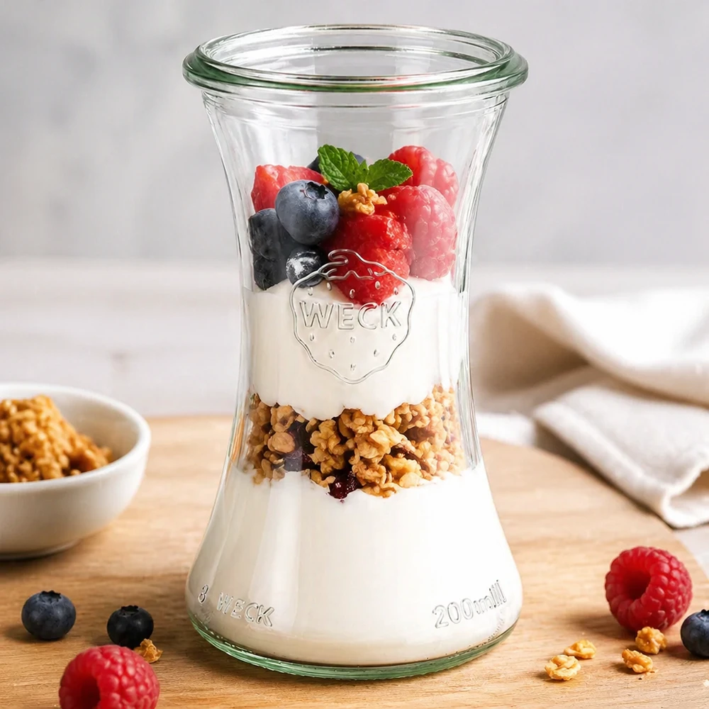 WECK RR60 tarro delicatessen 200ml relleno de yogur granola y bayas como parfait sobre mesa de madera con decoración