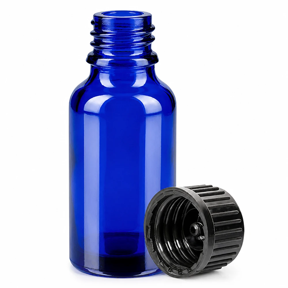 Frasco 20ml 11mm tapón rosca negro estándar BlueLine UT18/20 Frasco pequeño de 20 ml con rosca de 11 mm en azul cobalto para dosificar líquidos con precisión