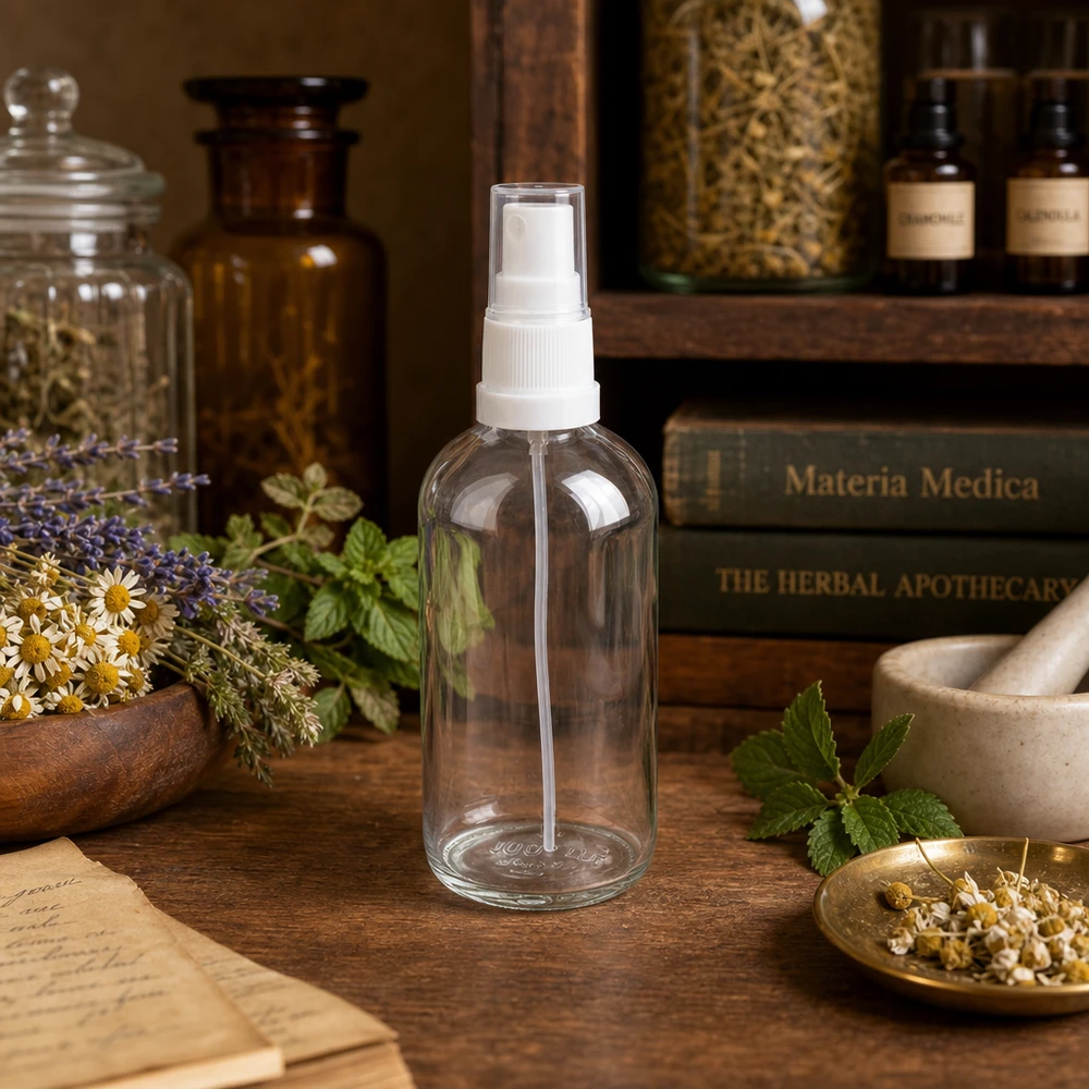 Botella pulverizadora de cristal de 100 ml ClearLine UT18: entre las hierbas medicinales y los libros de farmacia, la cosmética natural