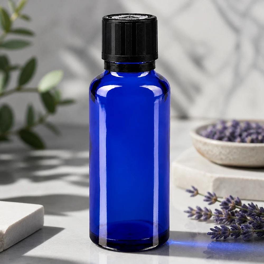 Frasco de cristal azul de 30 ml con tapón negro a prueba de niños, junto a ramitas de lavanda frescas