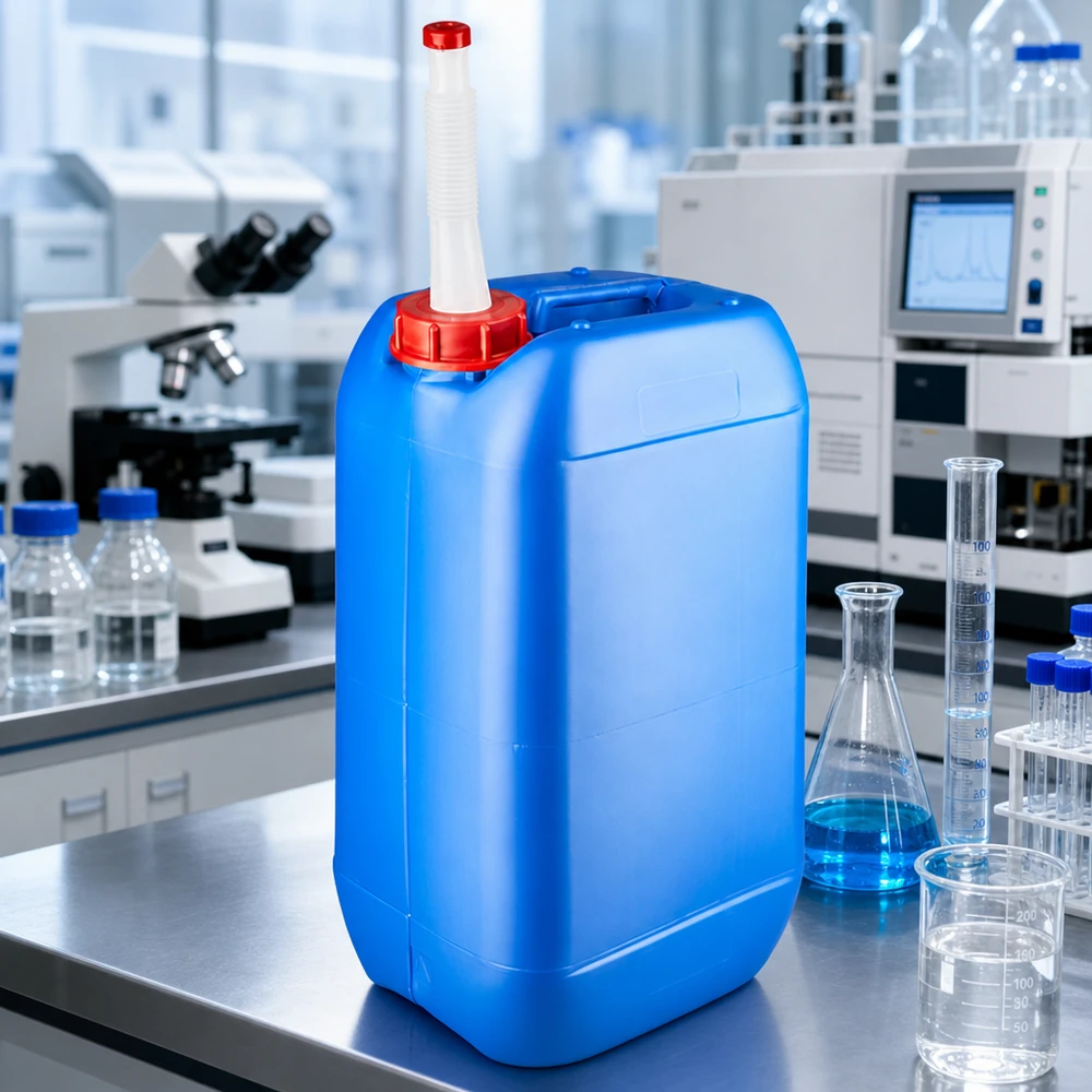 Bidón resistente de HDPE de 15 litros, de color azul, con tubo de salida flexible y tapón rojo