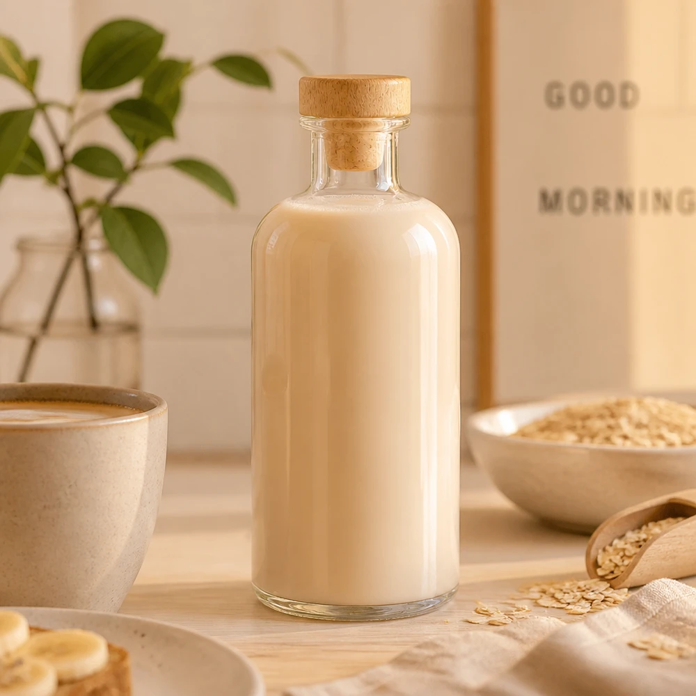 Botella de cristal Flora 500ml llena de leche de avena entre copos de avena y bol en cocina natural