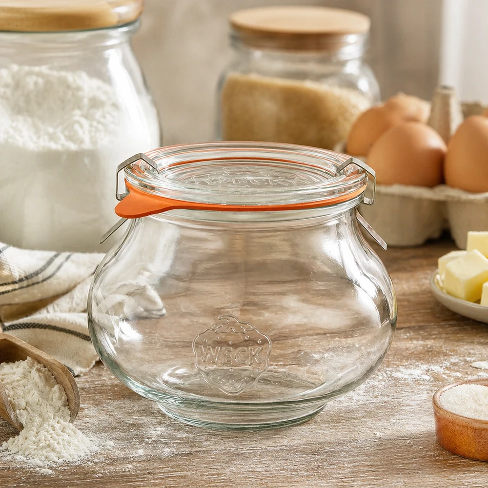 Tarro decorativo WECK 560ml RR80 en cocina rústica con ingredientes de repostería, harina y huevos, perfecto para organizar la cocina