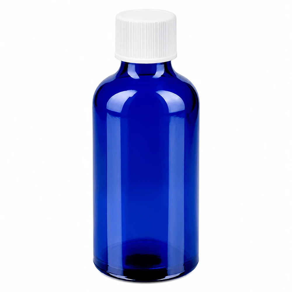 Botella de vidrio azul de 50 ml con tapón de rosca blanco 11 mm SV STD BlueLine UT18