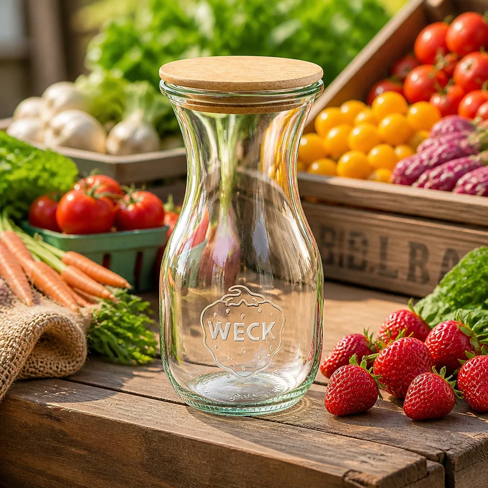 Botella de cristal WECK 290ml con tapón de corcho entre verduras y frutas frescas sobre una mesa de madera rústica
