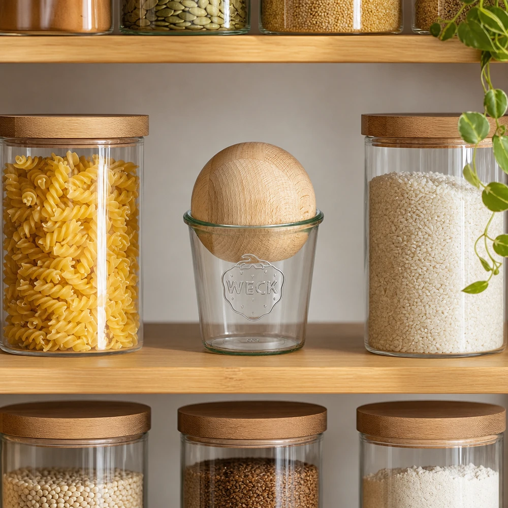 Vasos de 580ml WECK RR100 con bola de madera de haya Tarro WECK RR100 580ml con bola de madera de haya en una cocina despensa moderna entre pasta y arroz en un estante de madera