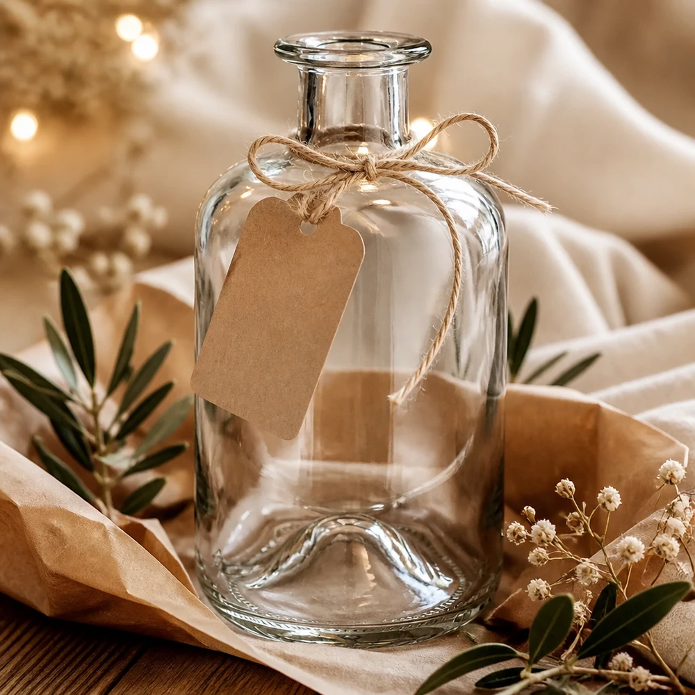 Frasco de farmacia Luna 500ml transparente con etiqueta de papel kraft como envase de regalo entre flores secas