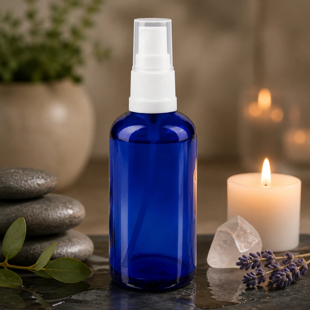 Frasco pulverizador de farmacia de 50 ml en azul cobalto con velas de lavanda y cristales